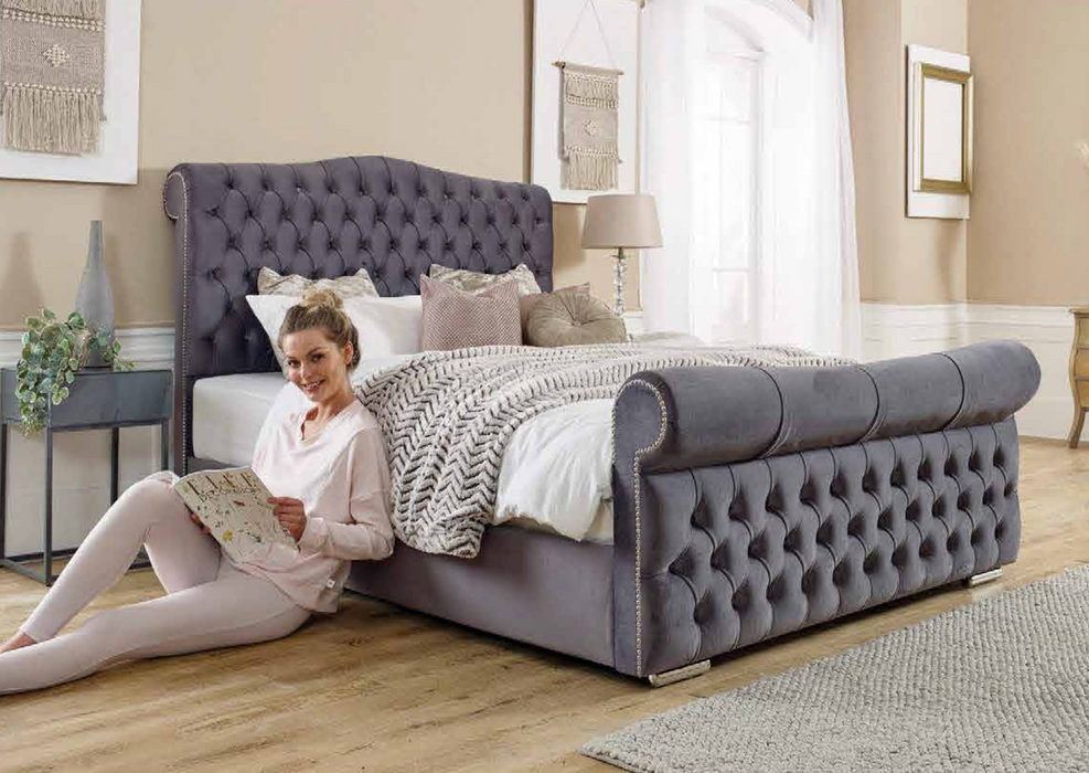Fabric sleigh cheap bed queen